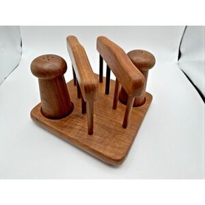 Genuine Teak Wood Salt & Pepper Shakers Napkin Holder By Dolphin in Box